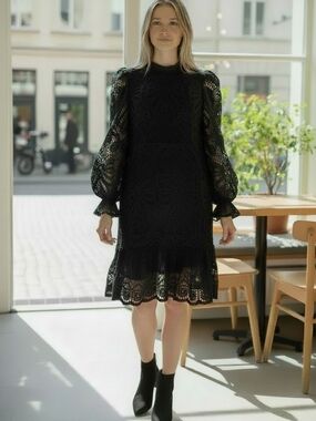Black Lace Puff-Sleeve Dress - Women's Elegant Cocktail Dress... NWT
